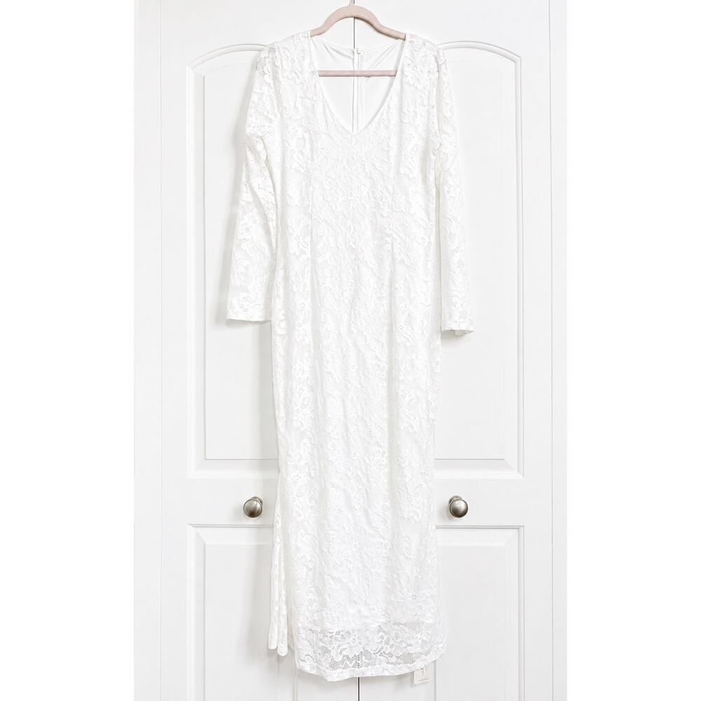 White Lace Maxi Dress NWT Long Sleeve V-Neck Lined Size L no brand